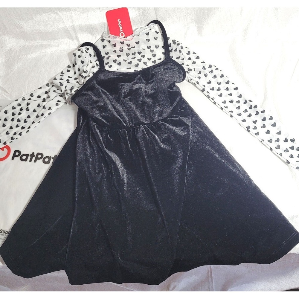 PatPat Girls Black Velvet Dress with Long Sleeve Heart Top - Size 4-5 Years Old